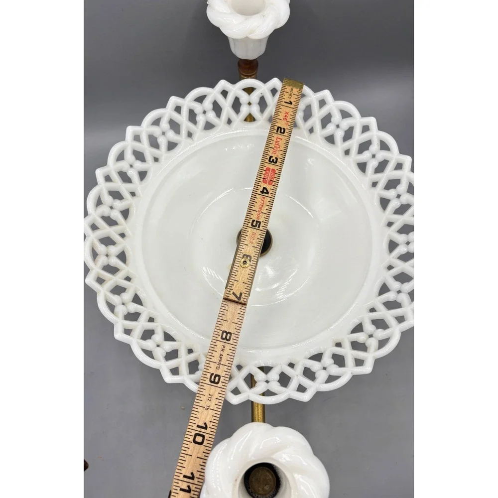 Vtg Westmoreland Milk Glass‎ Centerpiece Lace Edge Bowl Candle Holders Wood Base